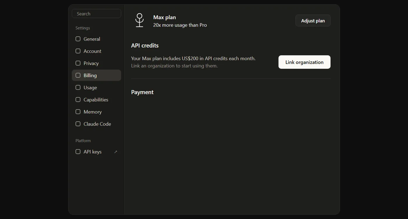 מסך Billing בהגדרות של claude.ai: תוכנית Max, חלק API credits עם הודעה על 200$ בחודש וכפתור Link organization