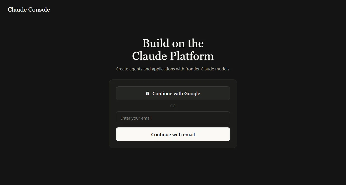 מסך הכניסה של Claude Console עם כפתורי Continue with Google ו-Continue with email