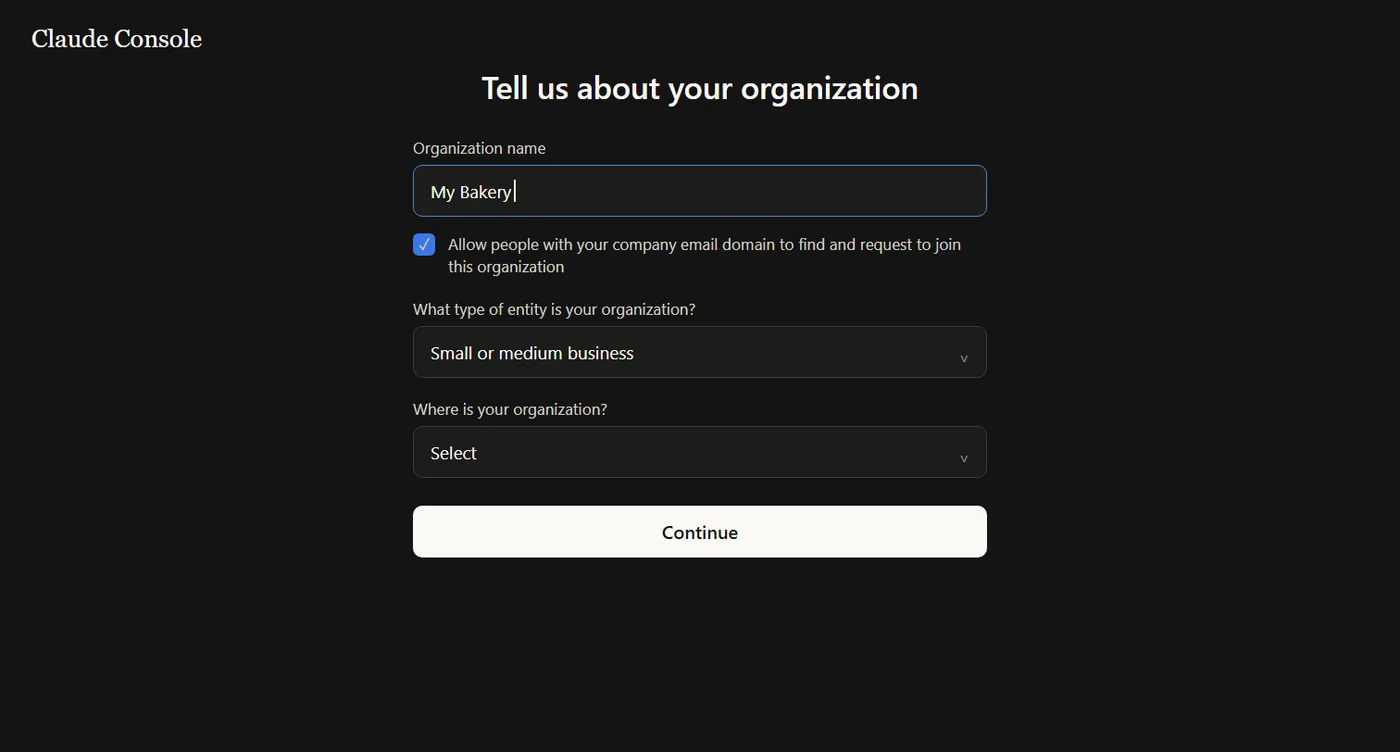 מסך Tell us about your organization עם שם הארגון My Bakery ושדות סוג ומיקום