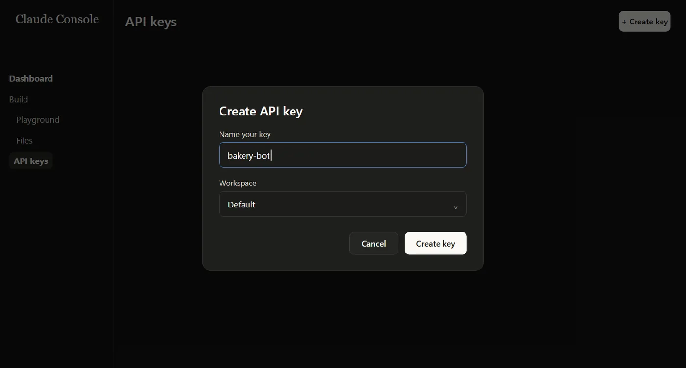 חלון Create API key עם שם המפתח bakery-bot, בחירת Workspace וכפתור Create key