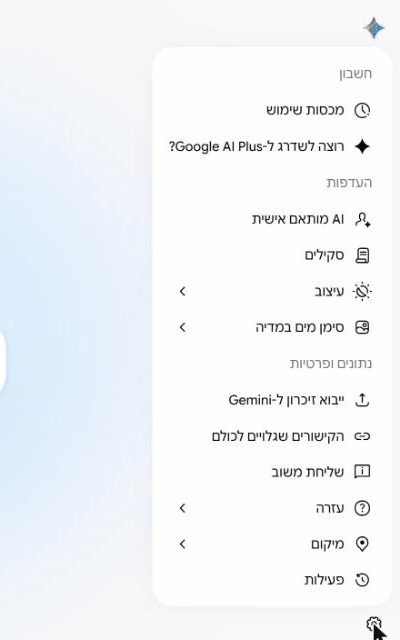 תפריט ההגדרות של ג'מיני, עם השורה AI מותאם אישית תחת העדפות
