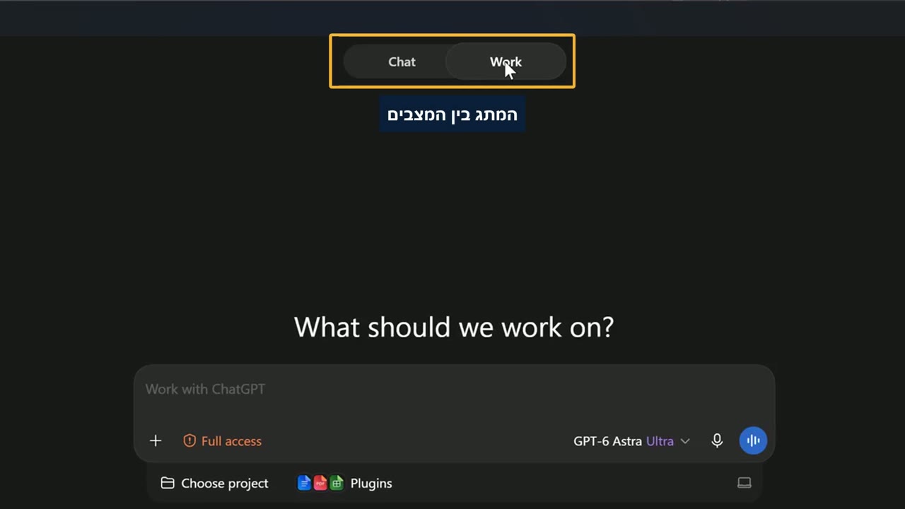 המתג בין מצבי צ'אט ו-Work בראש עמוד האפליקציה