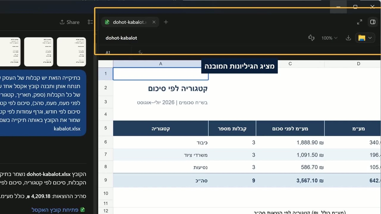 טבלת אקסל עם סיכום קבלות לפי קטגוריה, פתוחה בתצוגה מקדימה בתוך אפליקציית ChatGPT למחשב, עם התווית מציג הגיליונות המובנה