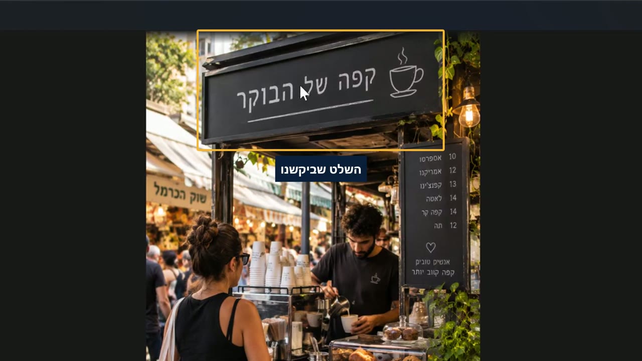 תמונת דוכן קפה שנוצרה ב-ChatGPT, עם שלט עץ שכתוב עליו בעברית קפה של הבוקר מסומן בריבוע, ותפריט משקאות בעברית מימין.