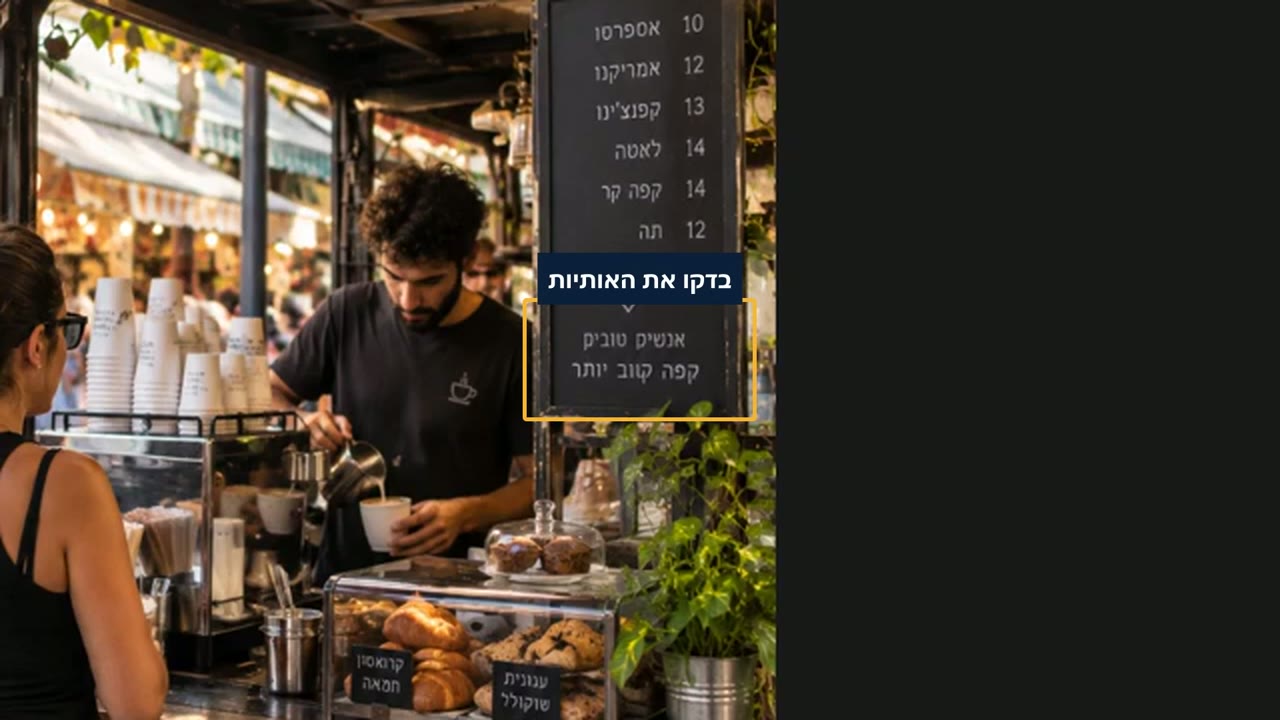 תקריב על השורה התחתונה בתפריט שבתוך התמונה, עם הכיתוב אנשים טובים קפה קוב יותר מסומן - שגיאת כתיב שהמודל יצר.