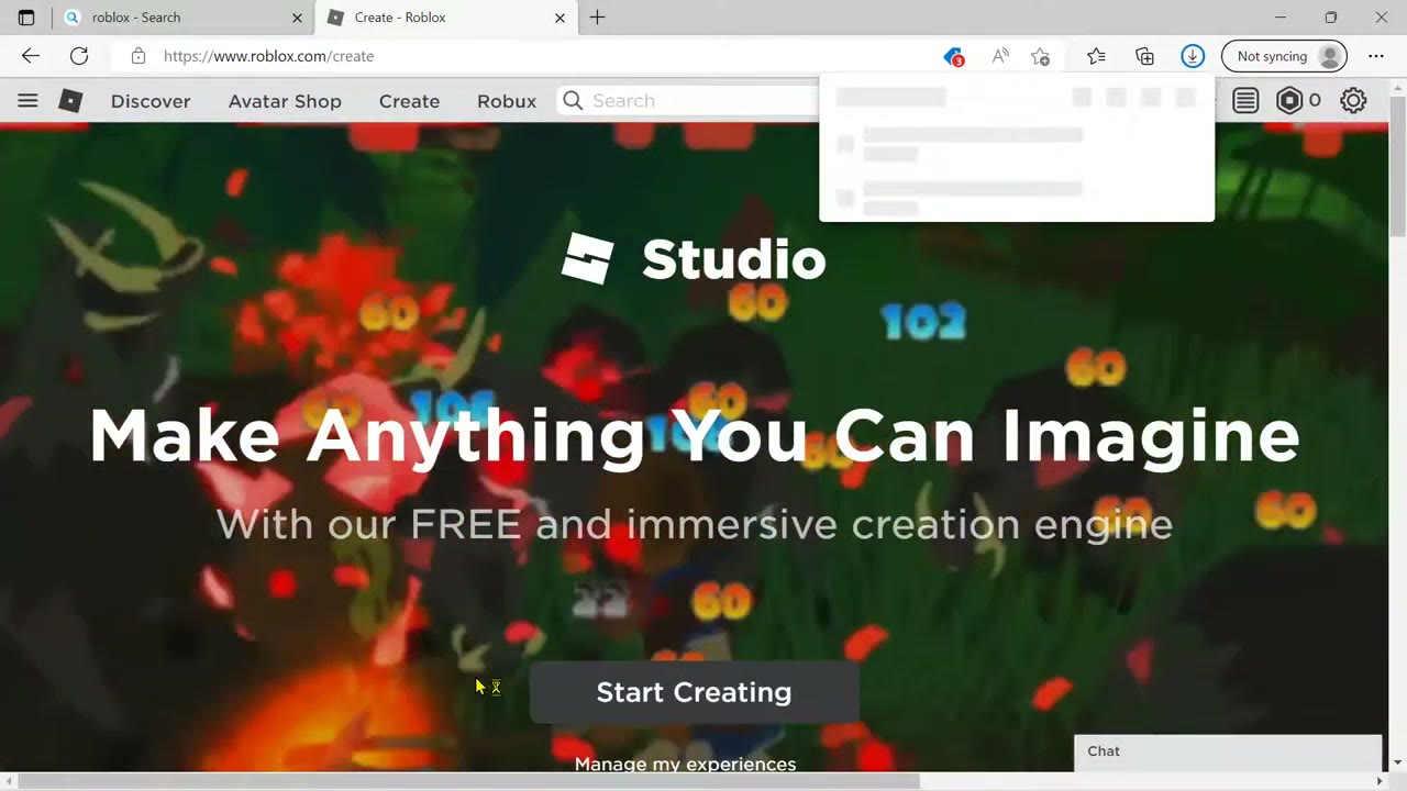 עמוד Create של רובלוקס עם הכפתור Start Creating
