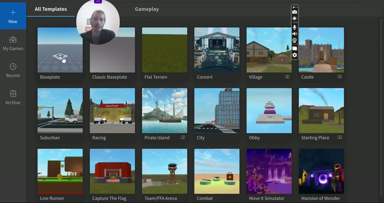 מסך התבניות של Roblox Studio עם התבנית Baseplate