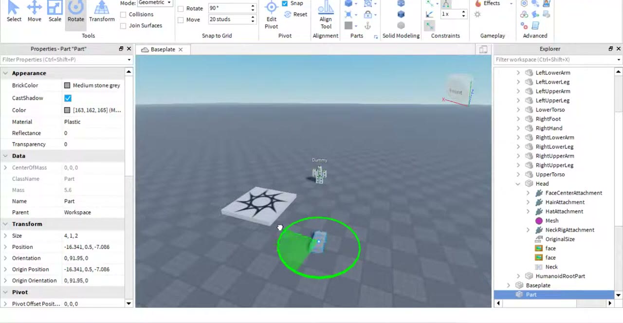 כלי הסיבוב Rotate סביב חלק ב-Roblox Studio