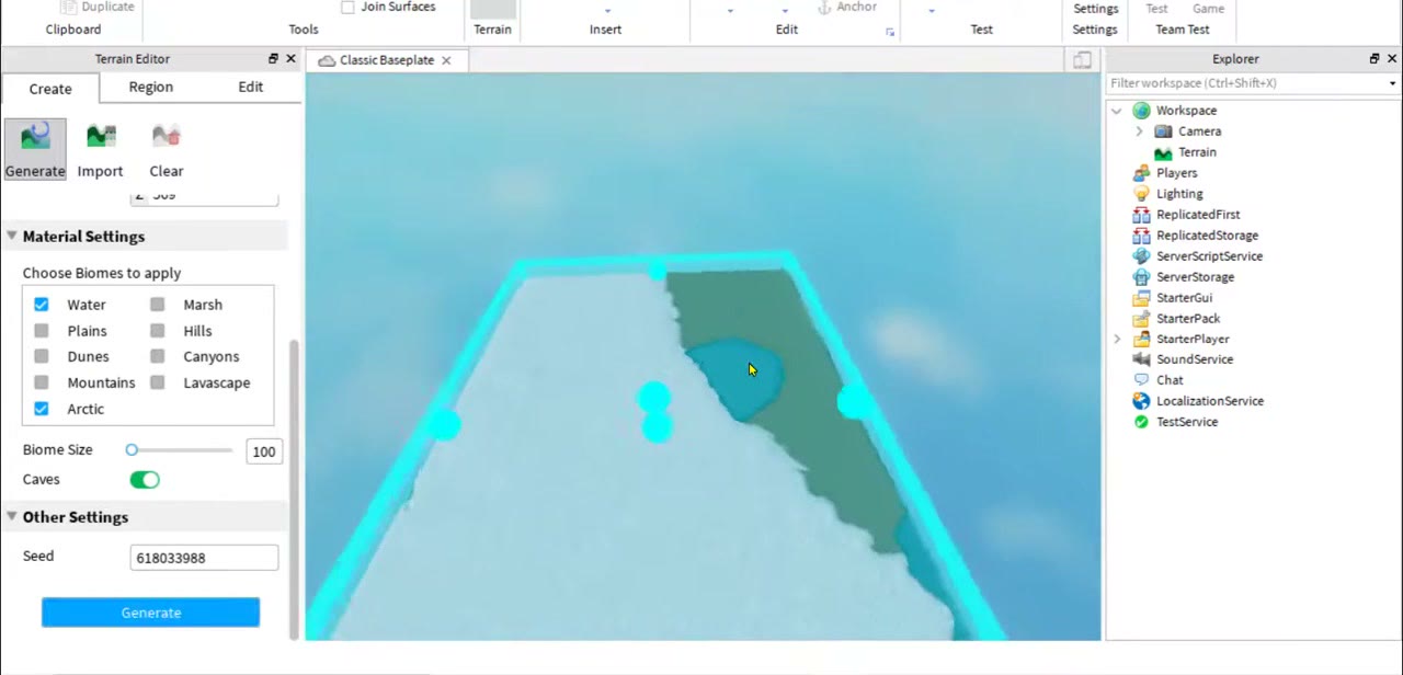 חלון Terrain Editor עם בחירת סוגי נוף