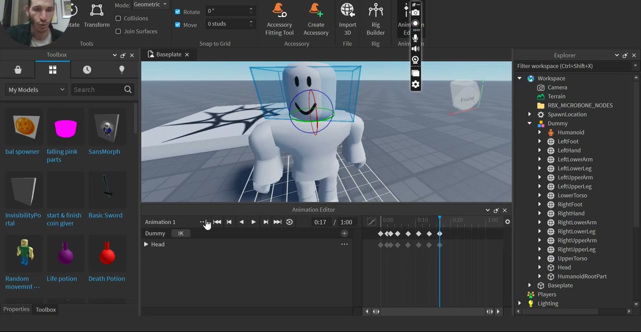 Animation Editor עם בובה ונקודות על ציר הזמן